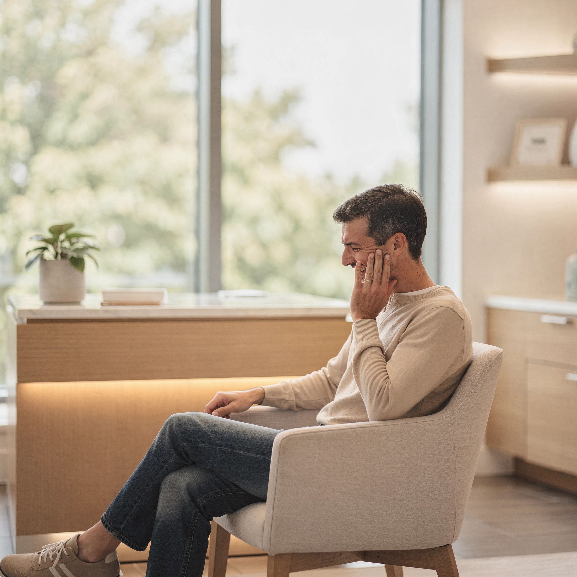 Man holding his cheek in pain while sitting in a modern dental office waiting area